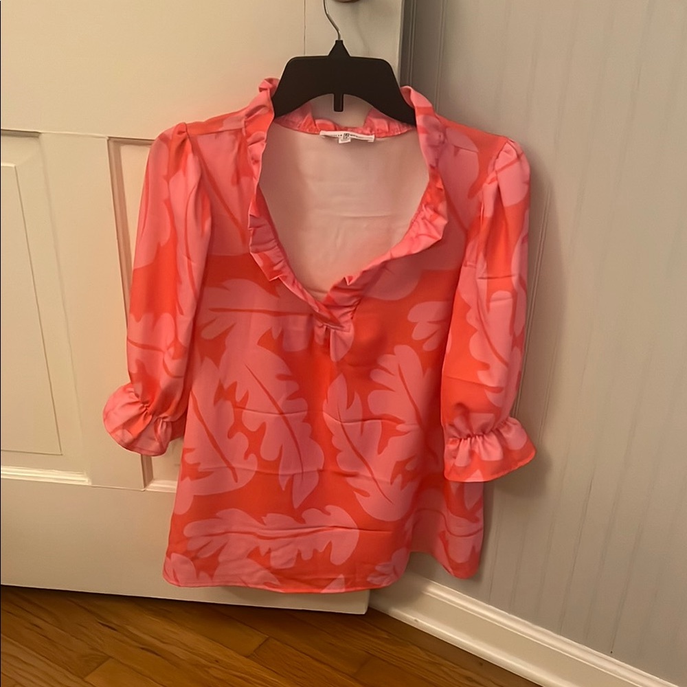 Vibrant Leaf Print Ruffle Blouse - Coral and Pink
